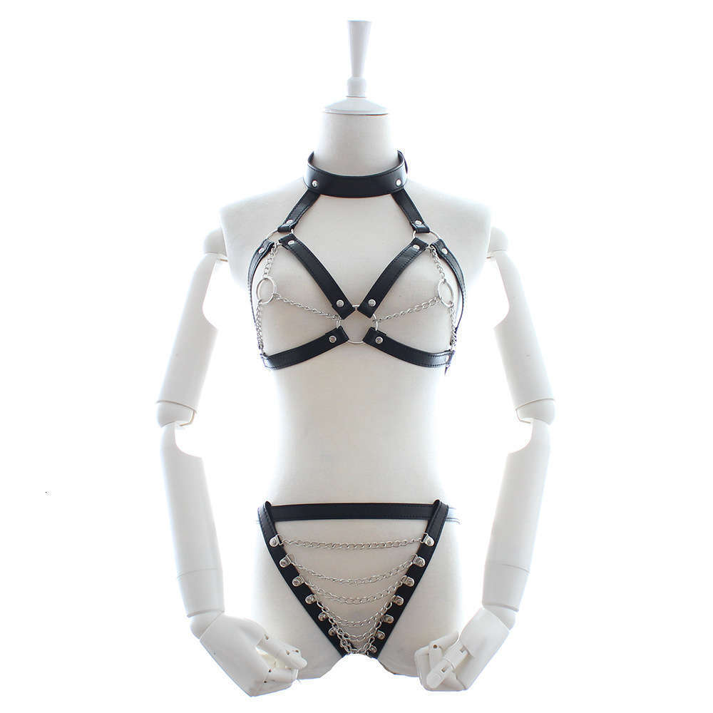 

products women's leather PU uniform chain suit Sexy performance underwear bound flirting clothes, Black;white