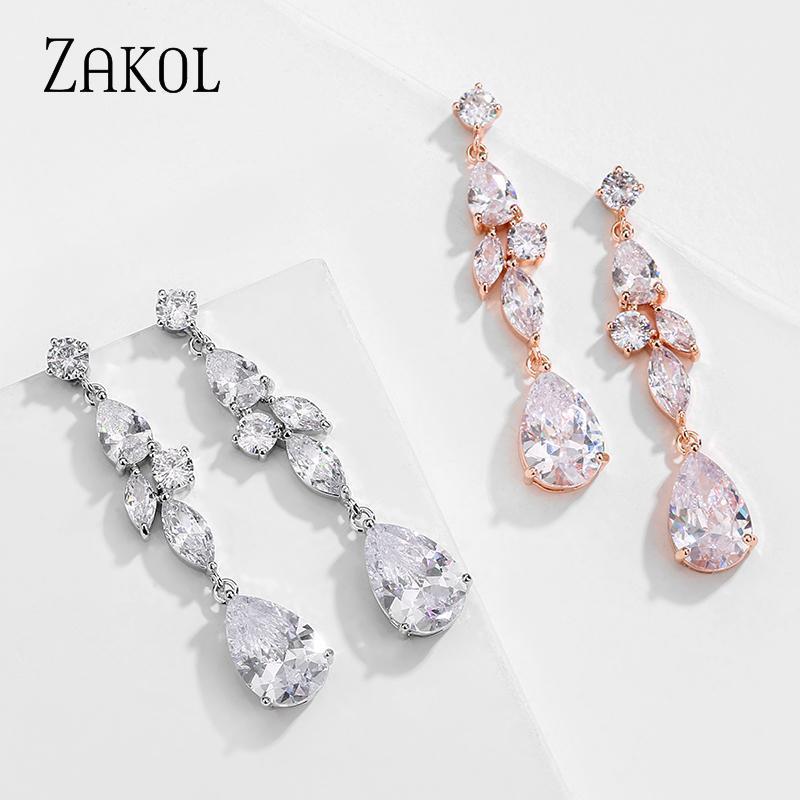 

Dangle & Chandelier ZAKOL Classic Temperament Water Drop Cubic Zirconia Earrings For Women Fashion Leaf Bridal Wedding Party Jewelry, Silver