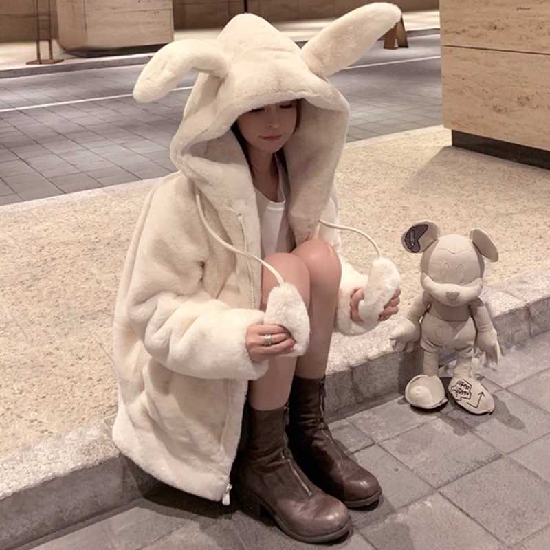 

Winter Jacket Women's Zipper Oversized Soft Harajuku Kawaii Hooded Rabbit Ears Plush Faux Cashmere Coat Plus Velvet Padded 2021 Y0829, Beige