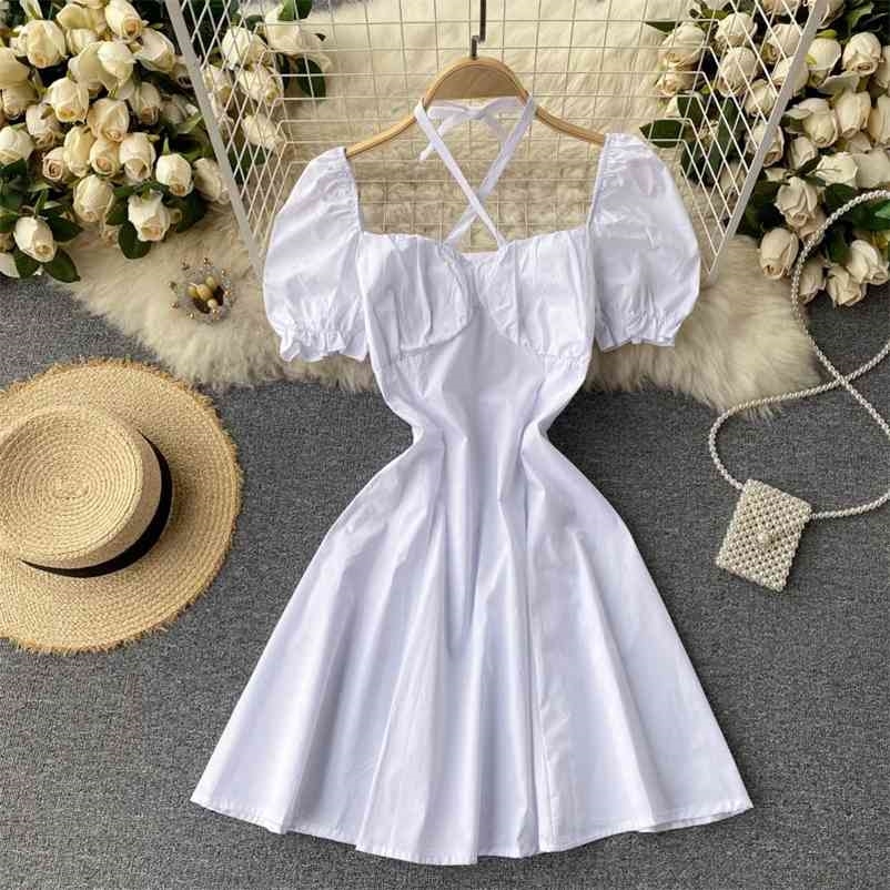 

Women Puff Sleeve Waist Cross Sling Dress Solid Color Square Collar High Fashion Spring Summer 11B350 210525, Black