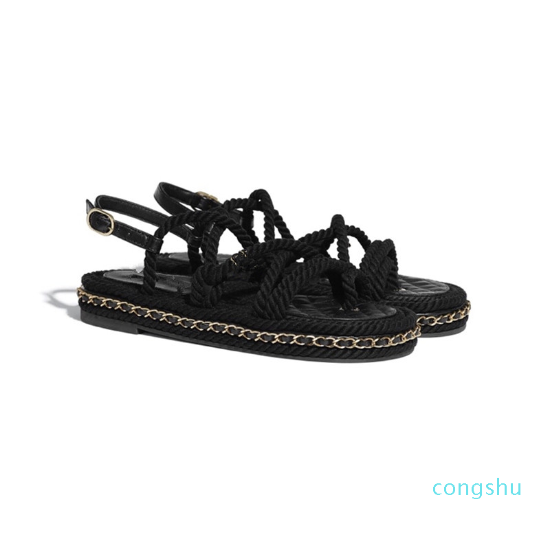 2021 corde de chanvre Tissé chaîne en métal Femme Sandales plats Femme Slipper Designer Mode Soft Luxe Simple Matériau Simple Chaussures Conforta