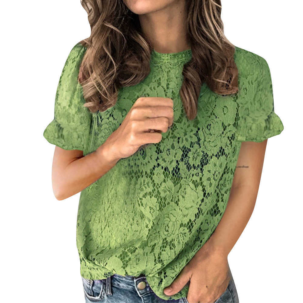 

Women Summer Solid Color Lace T-Shirts Fashion Hollow Out See Through O-Neck Ruffles Short Sleeve Slim Pullover Tops Female 210526, Green