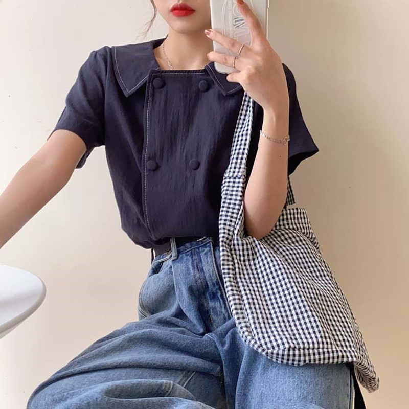 

2 colors femme womens tops 2021 summer korean style turn down collar short sleeve shirt women blouses (F3989), White