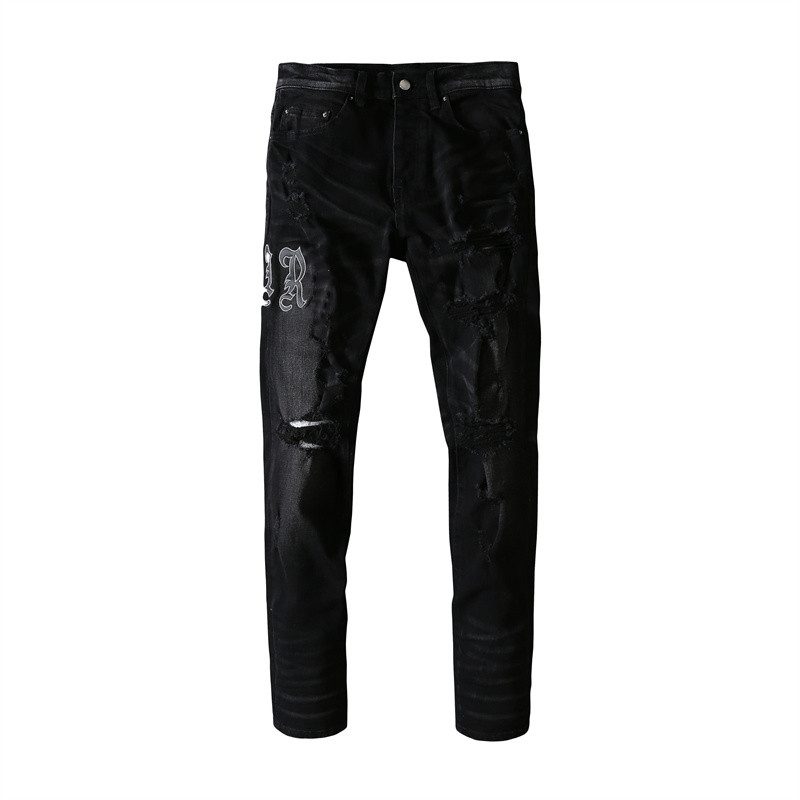 

Mens jeans black letters pasted with leather holes, damaged thin in Europe and America