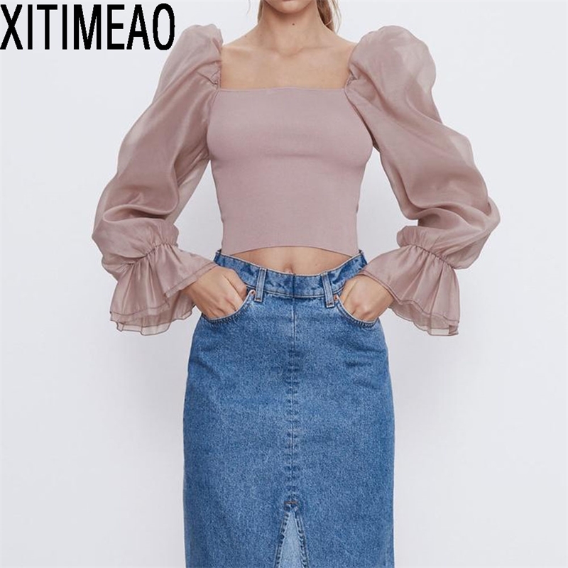 

ZA Women Sweet Fashion Patchwork Organza Knitted Blouses Vintage See Through Sleeve Stretch Female Shirts Chic Tops 210604, As picture