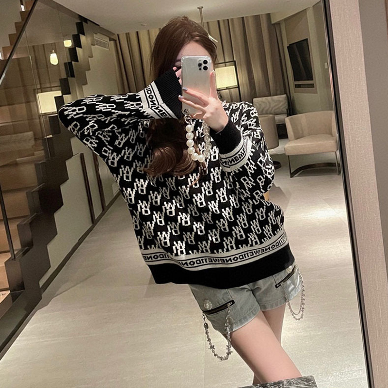 

Fashion Casual Women Designer Letters Embroidery Print Pullover Sweater Ladies Black Loose Knitwear Round Collar Long Sleeve Knitted Top Sma, White;black