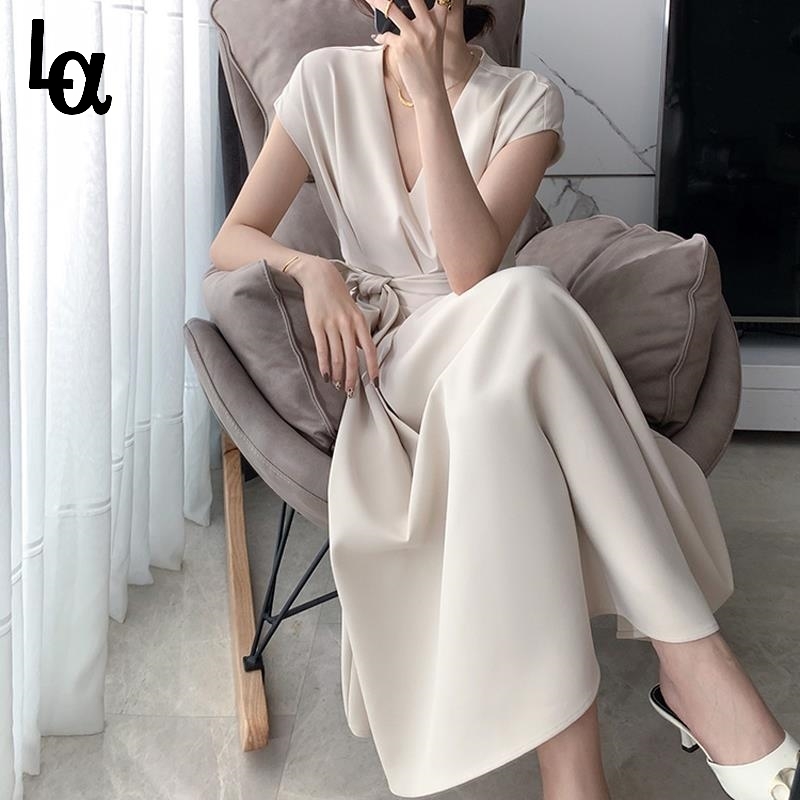 

Elegant Slim Dress Women V-neck Short Sleeve Casual Midi Office Lady Korean Party Summer Chic 210519, Black jumpsuit