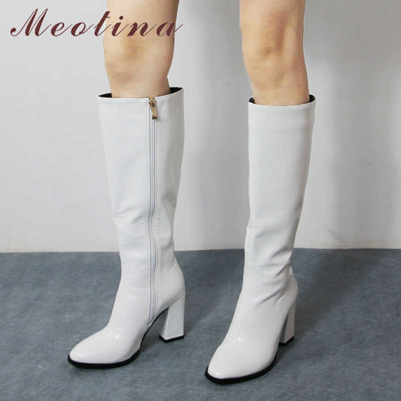 

Meotina Long Boots Women Shoes Round Toe Block Heels Knee-High Boots Zipper Extreme High Heel Ladies Boots Winter Brown 34-46 210608, Black