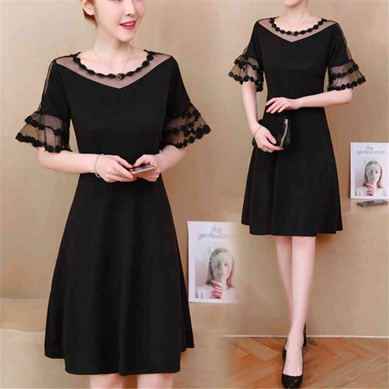 

5xl Summer Black Sexy Dress Women Short Sleeve O-neck Dresses Vintage Party Beach Loose Hollow Vestidos Plus Size Mujer 210518