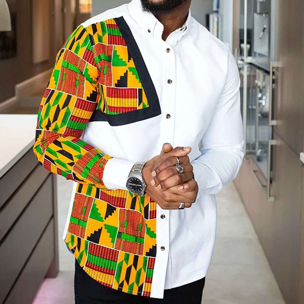 

Spring Mode Print Man Shirt Tops Geometric Slim Casual Single-Breasted Blouse African 2021 Gentlemen Works Business Shirts, White;black