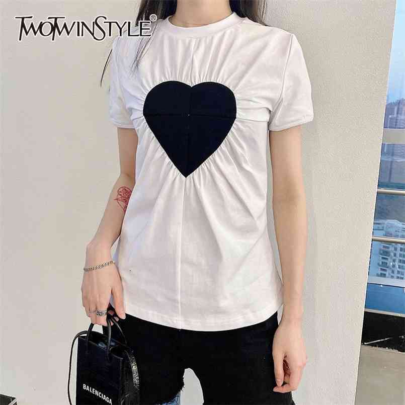 

TWOWINSYLE Patchwork Slim Shirt For Women O Neck Short Sleeve Hit Color Casual White Shirts Female Fashion Summer ide 210524, Black