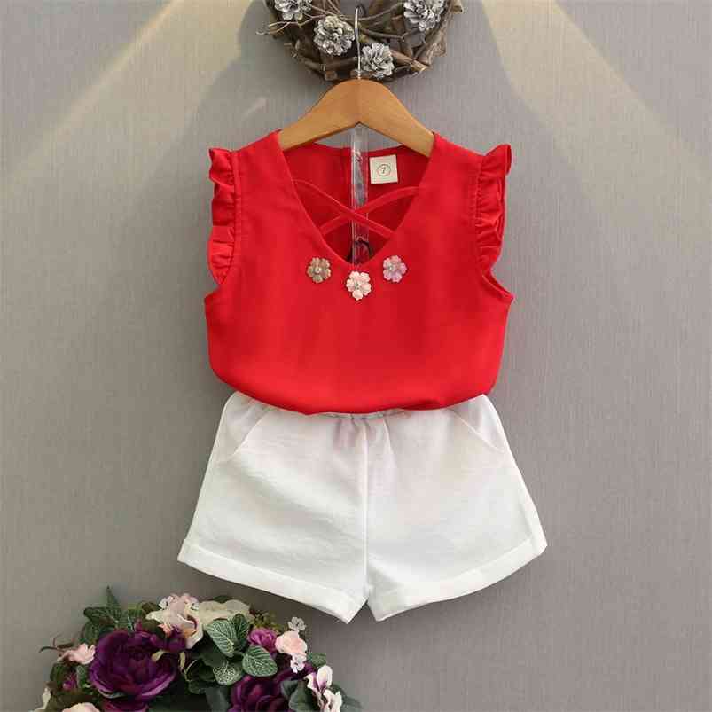 

Arrivals Summer Children Sets Chiffon V Neck Pink Solid Tops White Shorts Cute 2Pcs Girls Clothes 2-7T 210629, Red