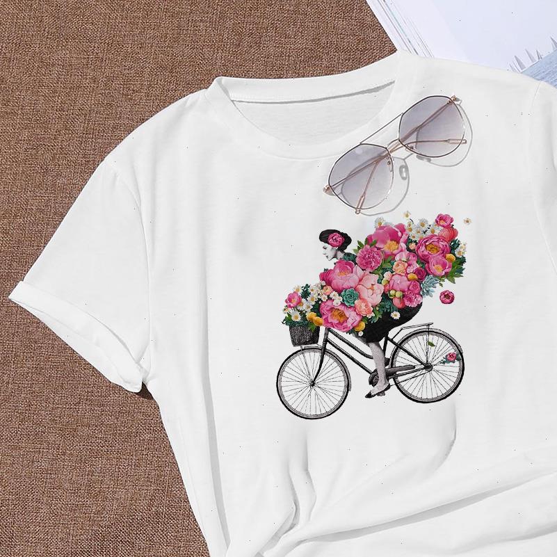 

Womens Tops Women Floral Bicycle T shirt Short Sleeve Print Casual Clothing Vintage Graphic Tee Harajuku Dropship, White