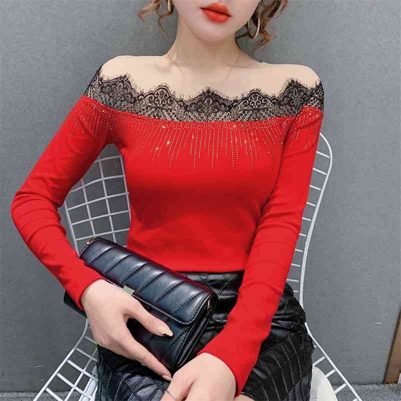 

Women clothes Korean fashion long-sleeved T shirt Diamond Tops Sexy Lace Stitching Cotton 210517, Black