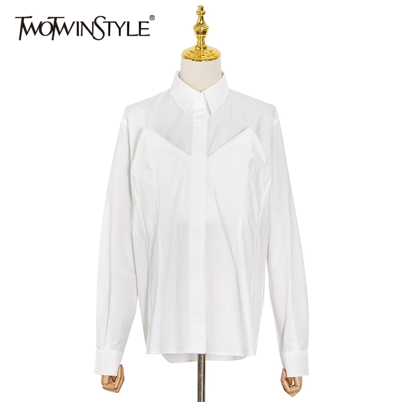 

White Patchwork Pocket Shirt For Women Lapel Long Sleeve Casual Minimalist Blouse Female Fashion Clothing 210524, Aspicture
