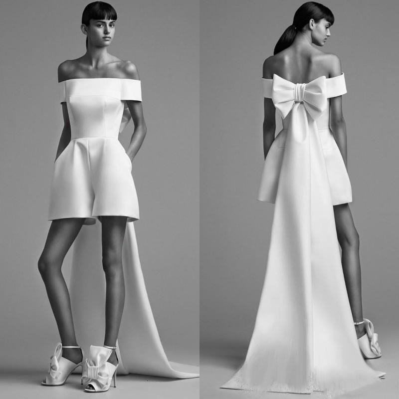 

Fashion Jumpsuit Short Prom Dresses with Bow Long Train Cocktail Dress for Women Bateau Neck Sexy Bride Party Formal Vestidos, White