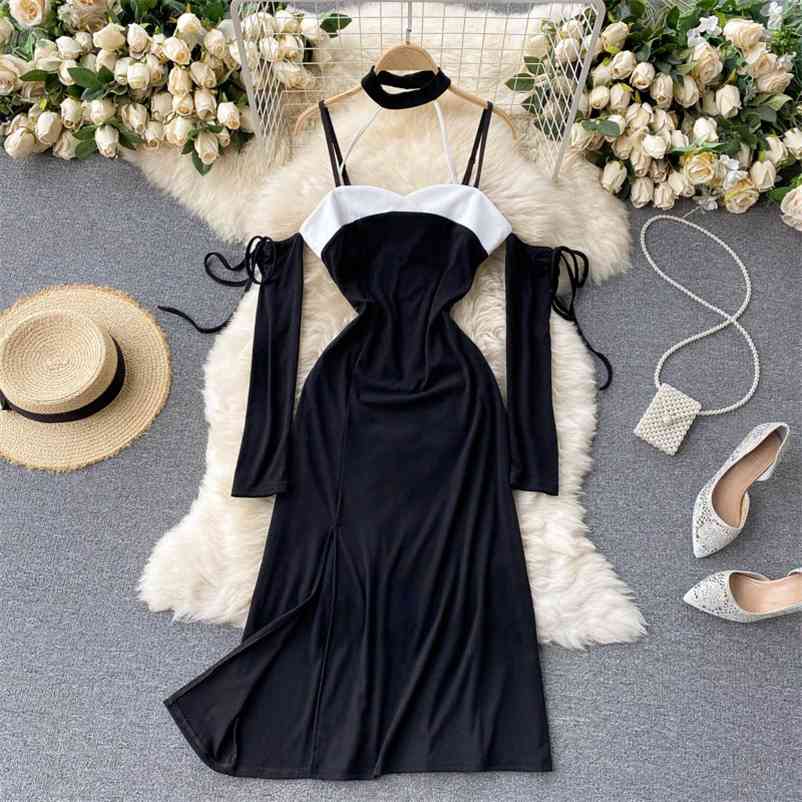 

Women Hollow Out Hit Color Sexy Off Shoulder Halter Dress Long Sleeve Slim Fashion Spring Summer 11B757 210525, Black