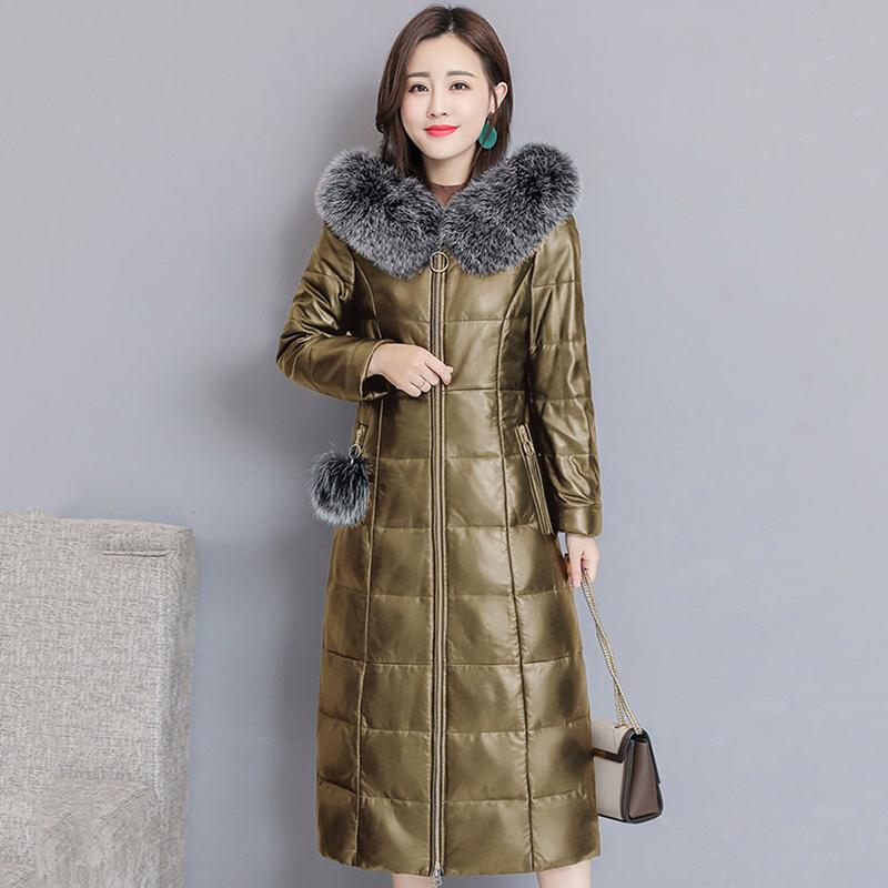 

Women's Leather & Faux Winter Women Thick Plus Velvet Zipper Jackets Female Loose Hooded Down Coats With Fur Collar Long Full Sleeve OL, Black