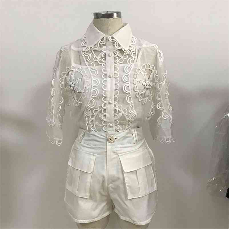 

HIGH STREET est Fashion Runway Suit Set Women's Short Sleeve Hollow Out Blouse Shirt Shorts 210521, Gray