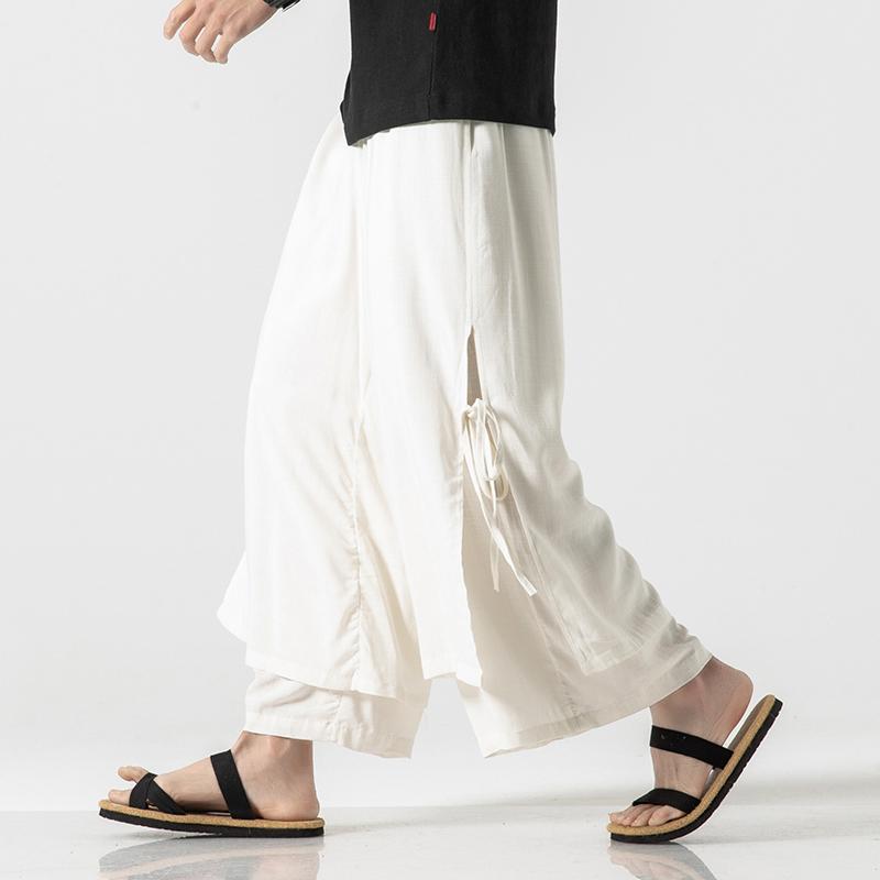

Men's Pants Straight Loose Wide Leg Men Double Fake Two Pieces Casual Trousers Summer Linen Cotton Breathable, Black