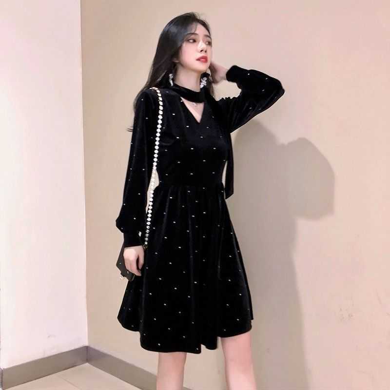 

Elegant Black Velvet Long Sleeve Dress Fairy Vintage Women Mini Gothic Winter Ladies Wedding Party Clothes 210604