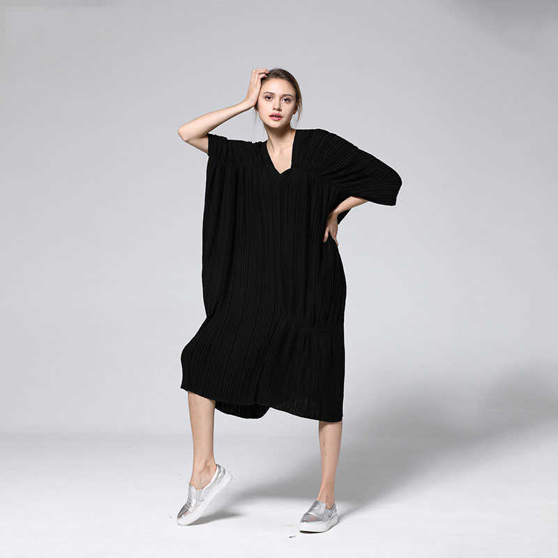 

Vanovich Fold Fashion Women Dress Solid Color Spring and Summer Short Sleeve Europe Casual Clothing 210615, Black