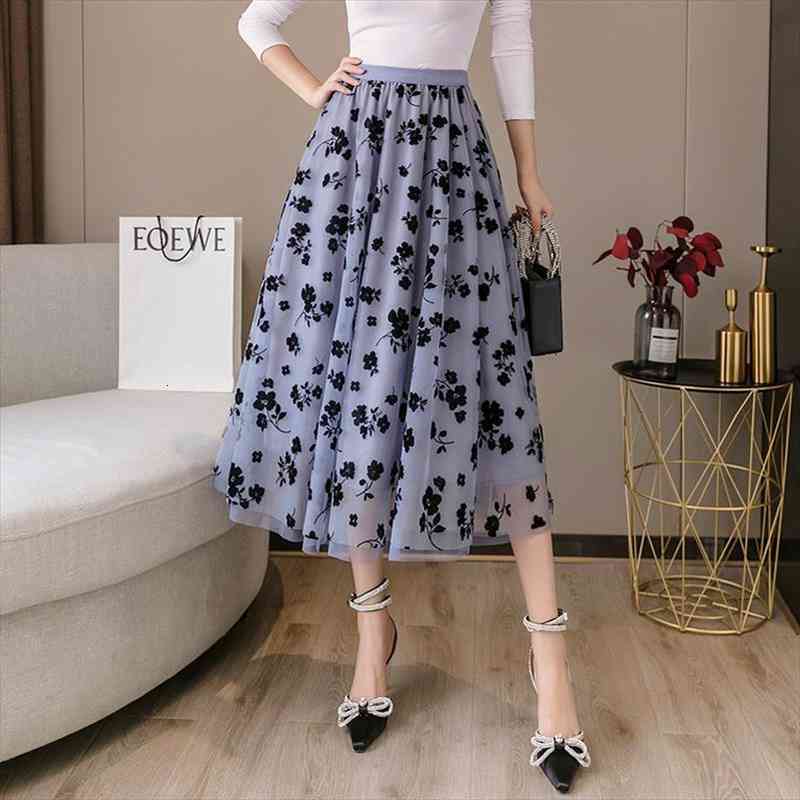 

Spring Summer Vintage Tulle Skirt Women Elastic High Waist Mesh Long Flower Flocking Skirts Female Jupe Longue, Black