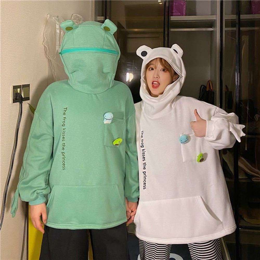 

Women's sweater Korean fashion autumn winter couple's frog Pullover hooded men's and hoodies thickened with velvet, Black