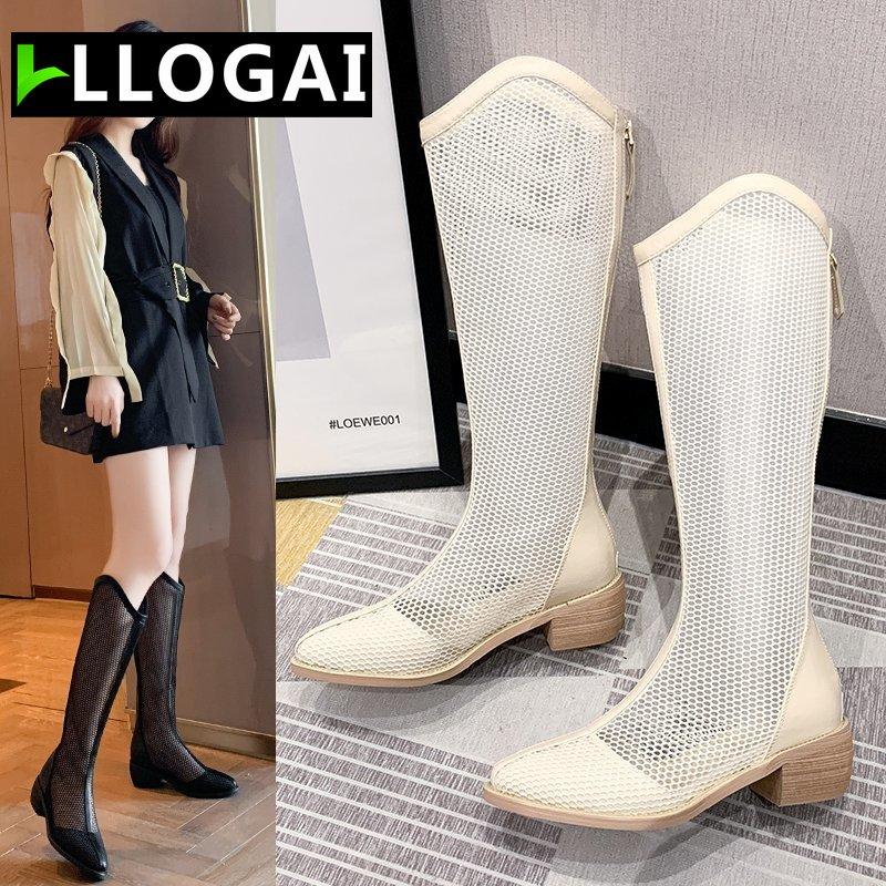 

Boots Women Low Heel Mesh Sandal Breathable Street Wooden Sandals Summer Hollow Out Long Shoes, Black