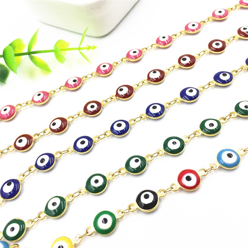 

1 Meter Stainless Steel 6mm Gold Turkish Eye Chains White Blue Eye Beads Chain for DIY Jewelry Making 42 W2