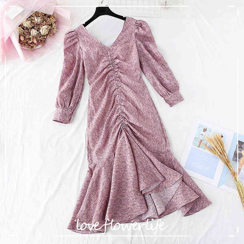 

Spring Vintage Floral Chiffon Midi Dress Sexy V-neck Lotus Leaf Fish Tail Dresses Elegant Women Party Long Sleeve Dress 210521, Purple pink
