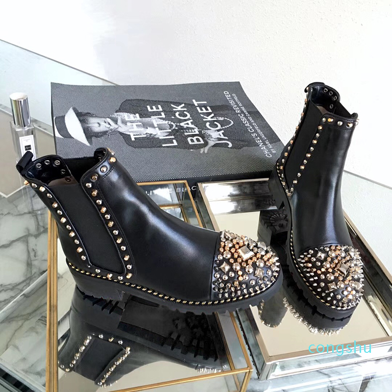 Luxury Fashion Designer Ankle Martin Boots Women Rivets Red Bottom Shors Square Heel Platform Knight Motorcycle Cow Leather Boots SZ 35-40
