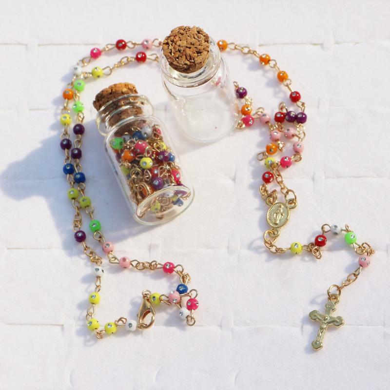 Pendant Necklaces Packed In Glass Bottle 4mm Bling Colorful Rosary Beads Catholic Necklace Cross Jesus Crucifix Mary-image-698843397