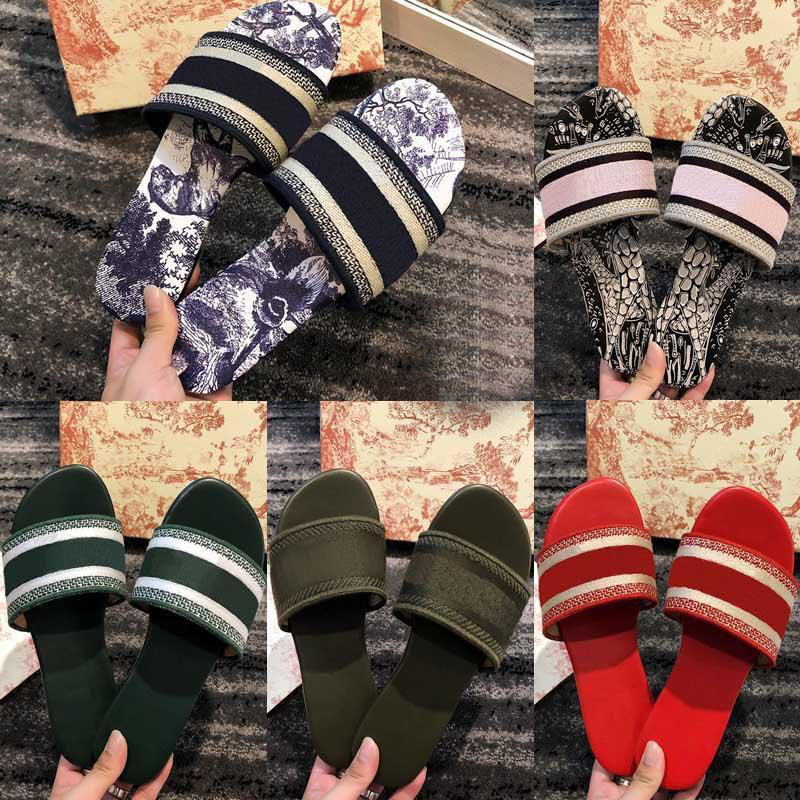 

designer luxury dior slippers women sandals loafers striped beach shoes fashion slides flip flops leather flat letter sliders floral footwear, Black