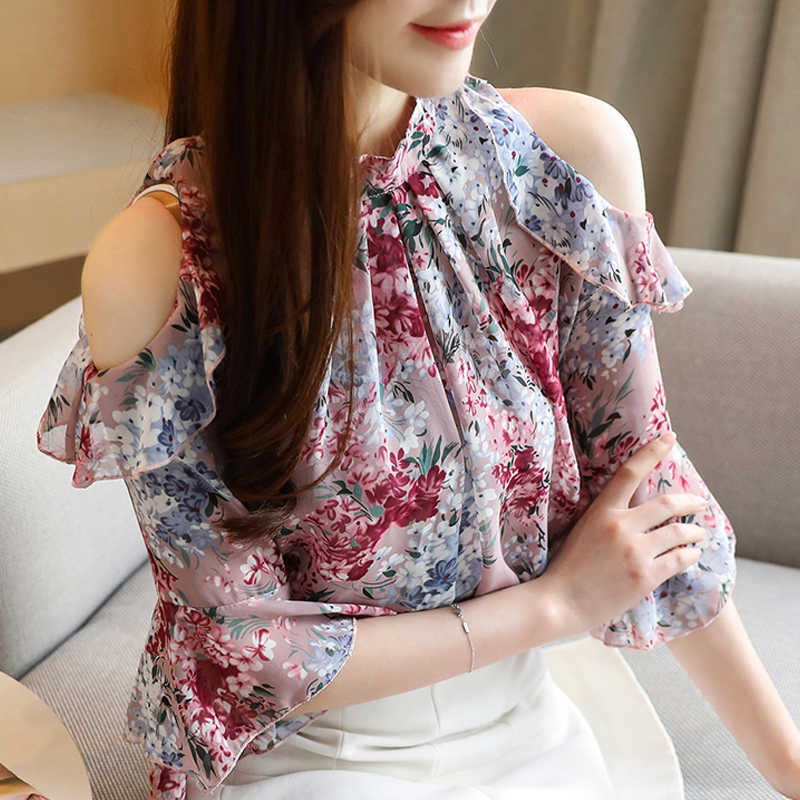 

Blouses Woman Ruffles Print Chiffon Blouse Shirt Women Clothes Summer Blouse Women Short Sleeve Off Shoulder Top Blusas D08 210602, Purple