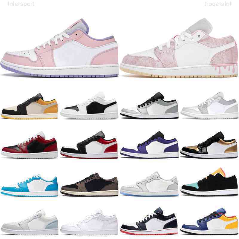 

2021 Men Women Jumpman 1 1s Low Basketball Shoes Light Smoke Grey Paint Drip Magenta Court Purple Island Green Outdoor Sports Sneakers