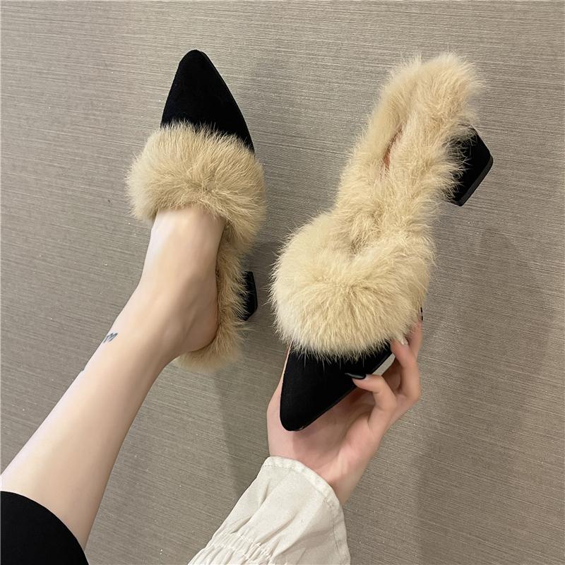 

Dress Shoes Ladies Slippers 2021 Fur Shallow Mouth Comfortable High-heeled Thick Heel Mules Women's, Black