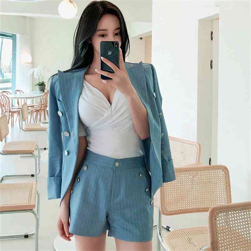 

Korean Style Striped Women Short Suits 2 Pieces Set Sashes Blazer Jacket+Front Buttons Shorts Summer Female Pants Suit 210603, Picture color