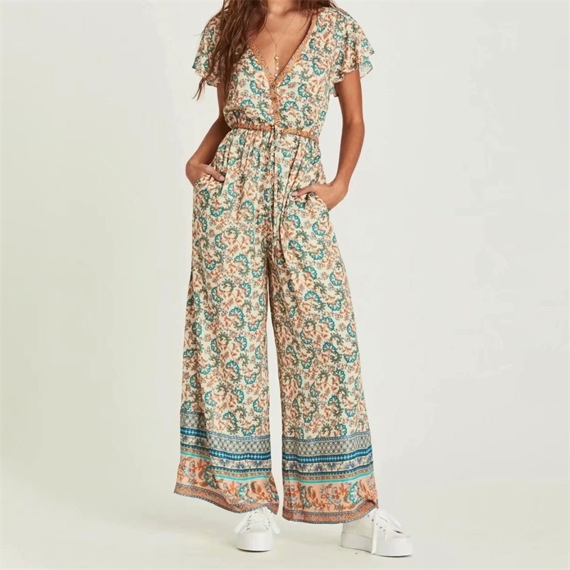 

Summer V-Neck Loose Thin Printing Lace-up Single Breasted Button Casual Women Jumpsuits 210524, Creamy-white