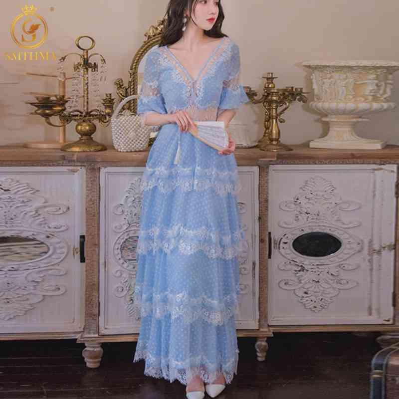 

Arrival Summer Fashion Vacation Maxi Dress Women's Short Sleeve Sexy V Neck Lace Patchwork Long Vestidos 210520, Photo color