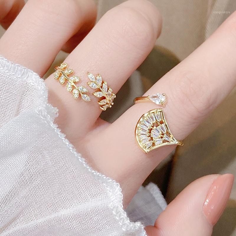 

Cluster Rings Korean Trendy Arrives Ginkgo Biloba Leaves Women Ring Adjustable Bling Top Quality CZ Band Engagement Bridal Anillos, Golden;silver