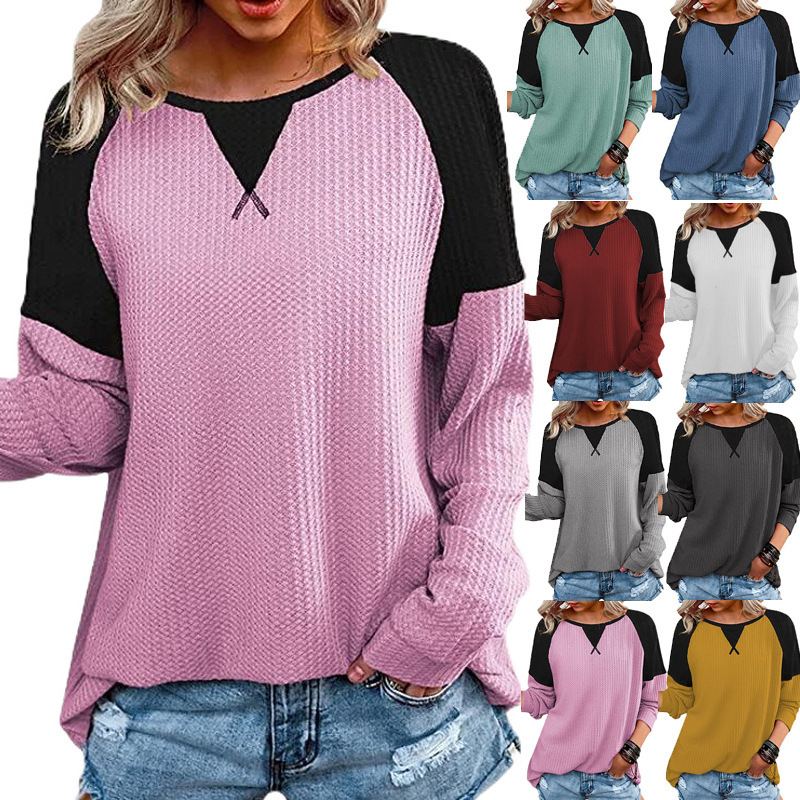 

2021 new waffle splicing round neck t-shirt raglan sve long sve blouse, White