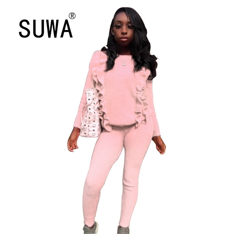 

Pink Gray Women Sets Knitted Fall Winter Designer Clothes Ruffles Pullover Top Skinny Pencil Pants Casual Home Wear Wholesale 210525