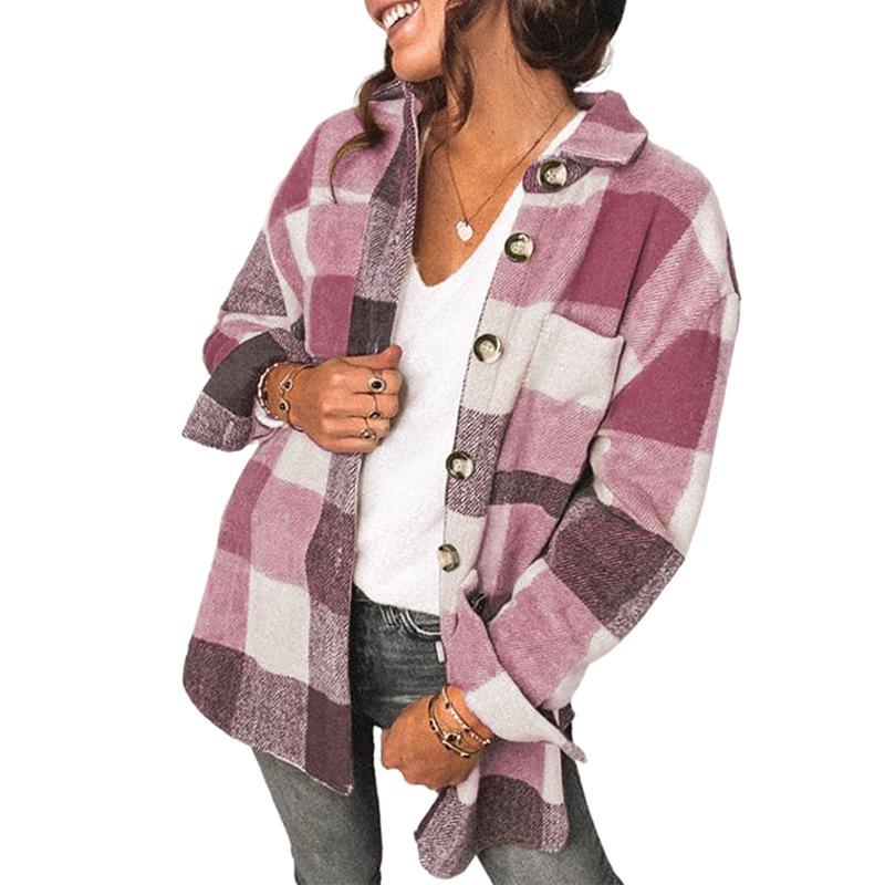 

Women's Jackets 2021 Autumn Winter Casual Flannel Plaid Buttoned Shirt Jacket Coat Women, Black;brown