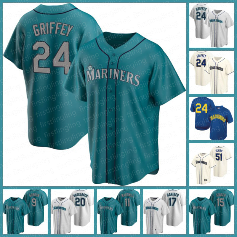 

Seattle 17 Mitch Haniger Mariners Jerseys 24 Ken Griffey Jr. 51 Suzuki Ichiro 15 Kyle Seager J.P. Crawford Baseball Jarred Kelenic Kyle Lewi, Blue;black