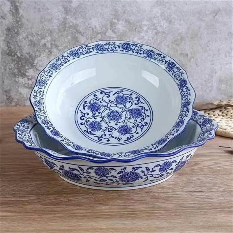 

Blue and white porcelain tableware porcelain tableware lotus rim China pickled cabbage fish big bowl bowl noodles tableware, Multicolor