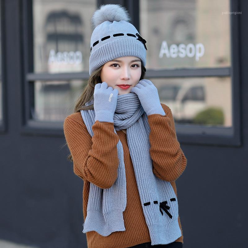 

Berets Fashion Women Hat Scarf /Gloves Sets Female Three - Piece Knitted Caps Set For Girl Warm Skullies Beanies, White