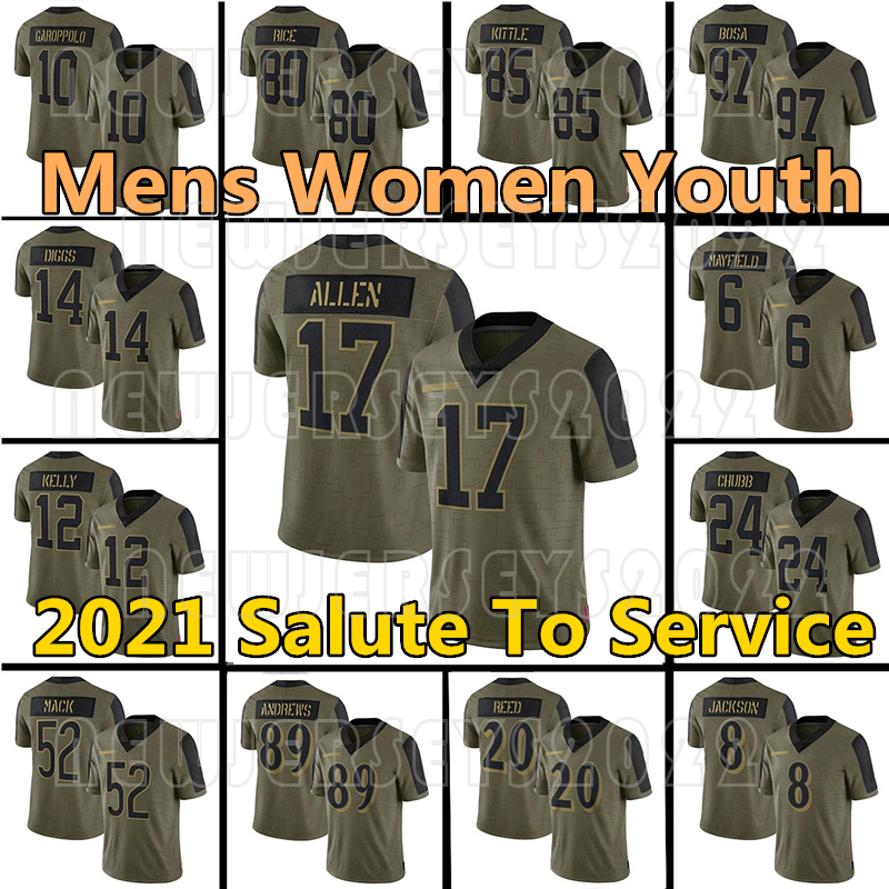 

2021 Salute To Service Josh Allen Nick Bosa Stefon Khalil Mack Bear Diggs Nick Chubb George Kittle Jimmy Brown Garoppolo Jerry Rice Raven Baker Mayfield Walter Payton, 2021 jersey(wuya)