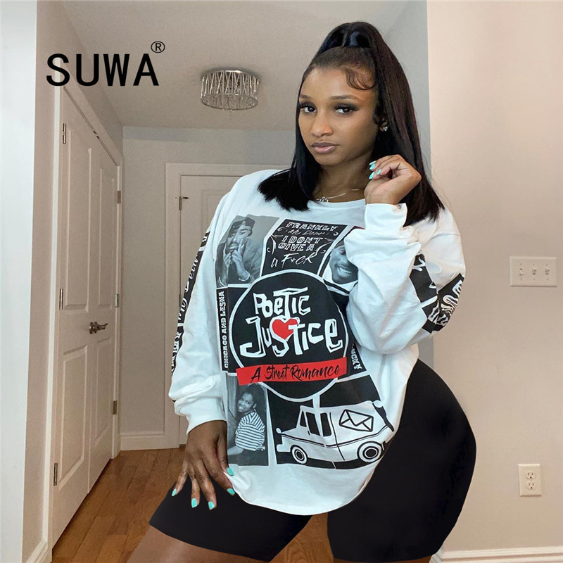 

Women Two Piece Tracksuit Letter Print Long Sleeve Loose Tops and Skinny Biker Shorts Sweatpants Casual Fitness Sweat Suit 210525, White