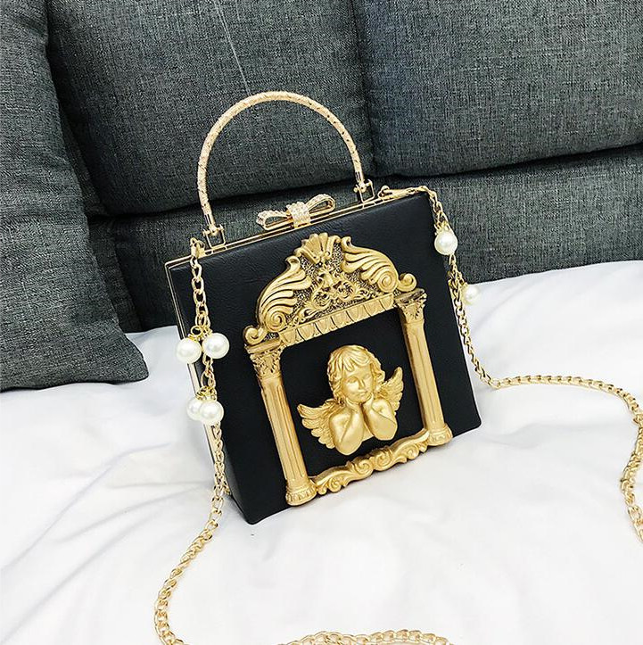 

Factory wholesale womens leathers messenger bags sweet and lovely carved angel chain bag street trend shaping hard box leather handbag elegant Pearl women handbags, White3-1009(boutique box)